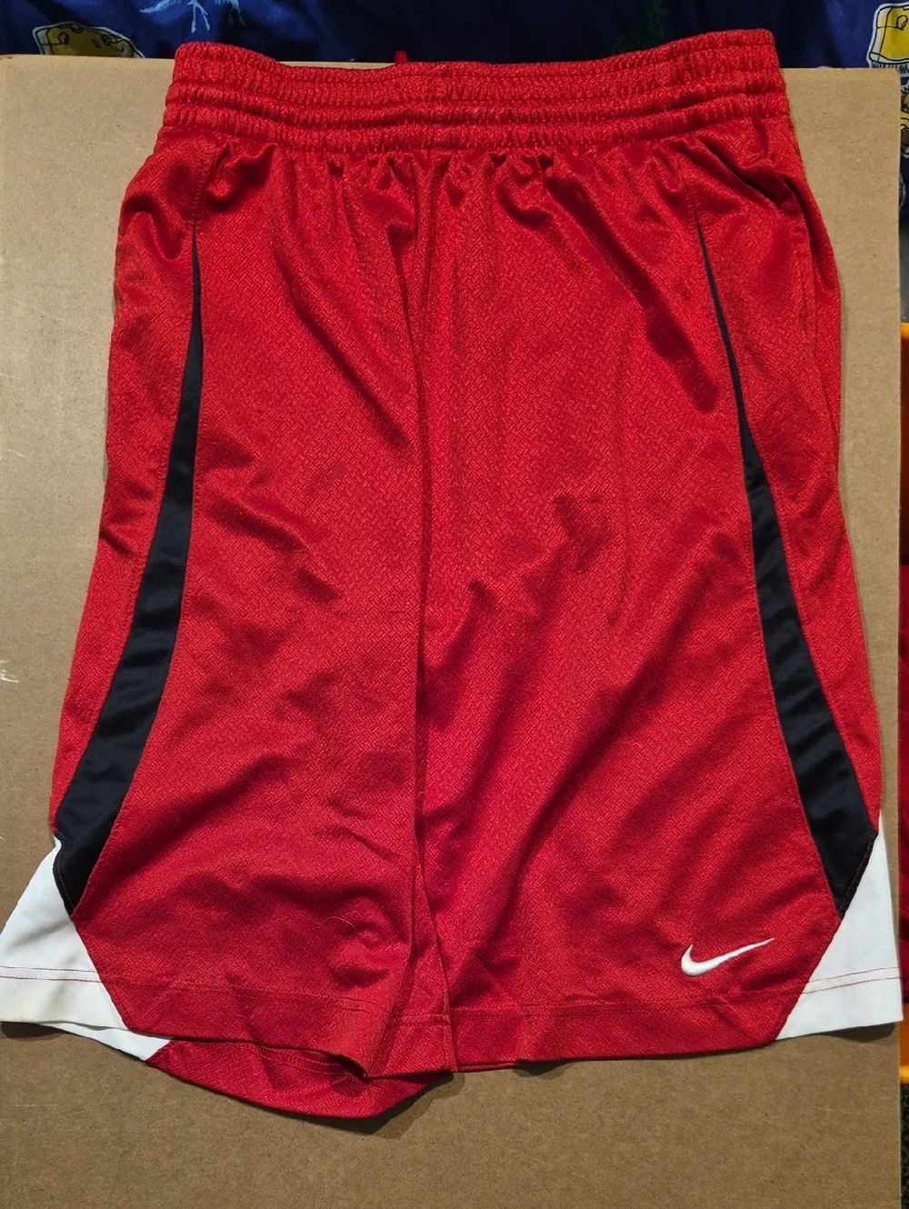 Nike Men’s Red Athletic Shorts with Black Panels and White Trim Size Small